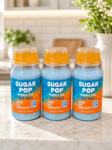 Sugar Pop Bubble Tea Blu Razz with peach popping boba ready-to-drink canned bubble tea