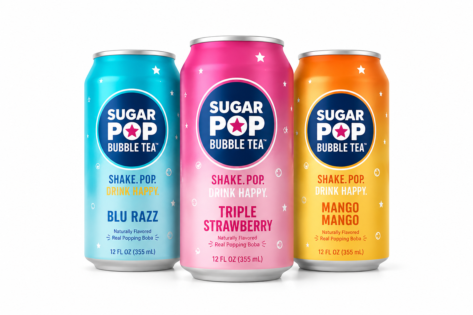 Sugar Pop Bubble Tea — Blu Razz, Triple Strawberry, and Mango Mango